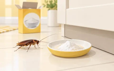 Illustration: small saucer with a white powder and sugar mix on a kitchen floor beside the base of a cabinet, a cockroach approaching, an open box of baking soda blurred behind.