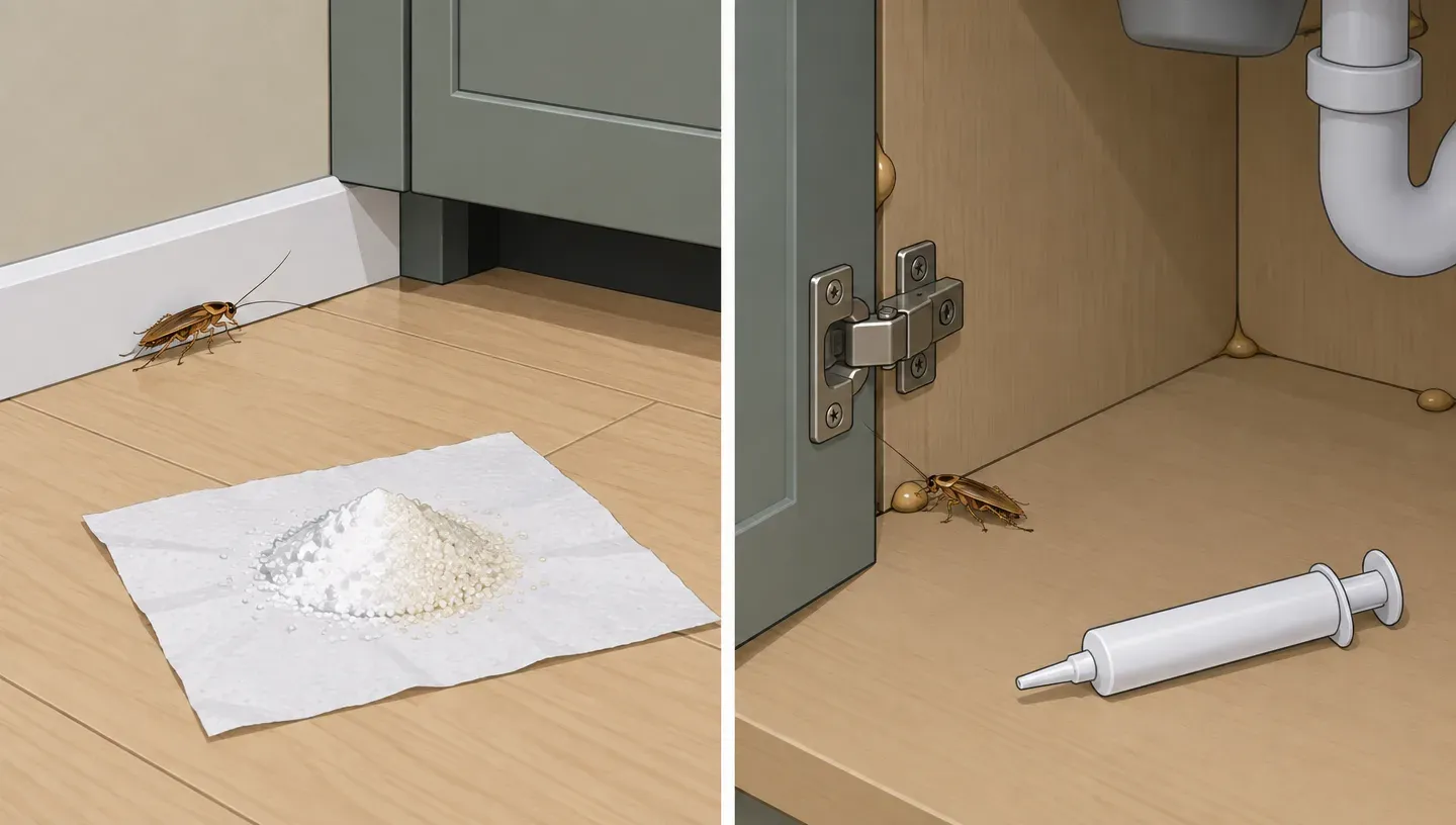 Two panels: a pile of baking soda and sugar on a paper towel in the open, and small dots of gel bait in a cabinet hinge gap under the sink