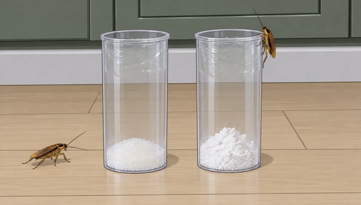 Two clear plastic jar traps on a kitchen floor, one with sugar and one with a sugar and baking soda mix, their inner walls shiny with petroleum jelly