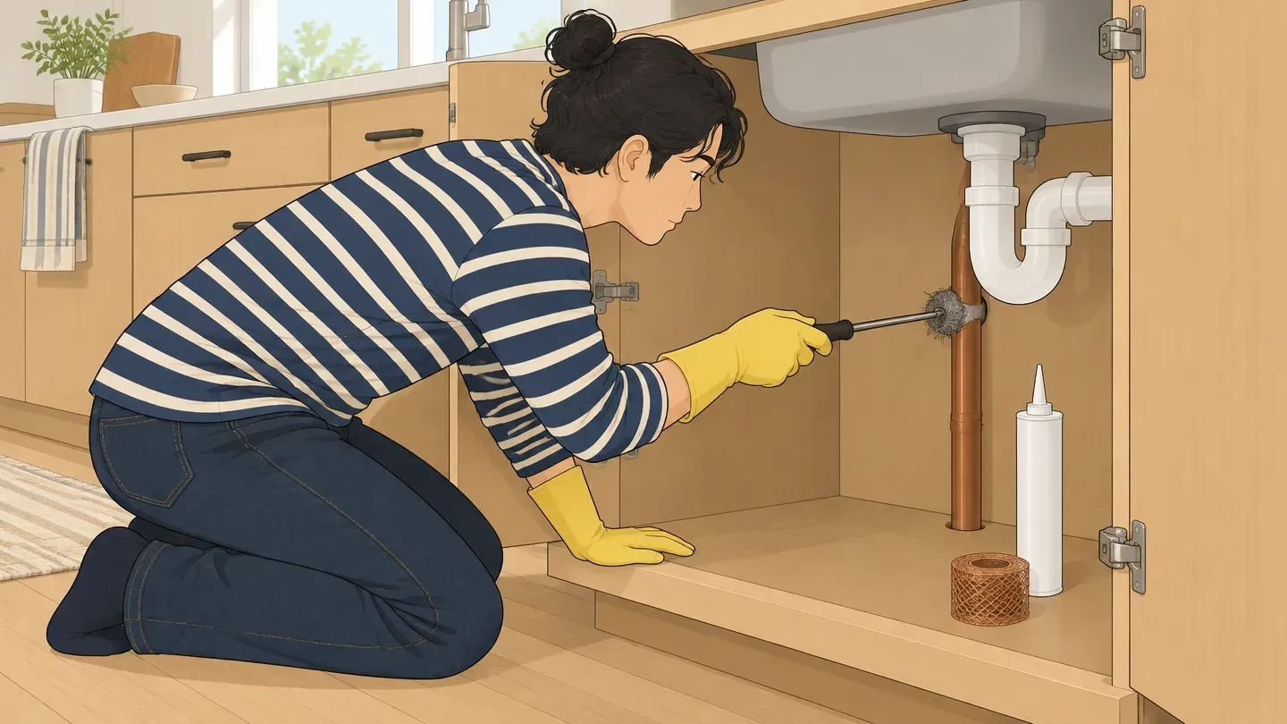 A young man in a striped long-sleeve tee kneels at an open kitchen sink cabinet and packs steel wool into the gap around a pipe with a screwdriver
