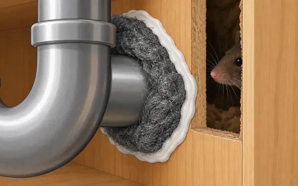 Illustration: close-up of a gap around a pipe under a sink packed with steel wool and sealed with a bead of caulk, a mouse nose sniffing at the edge from inside the wall.