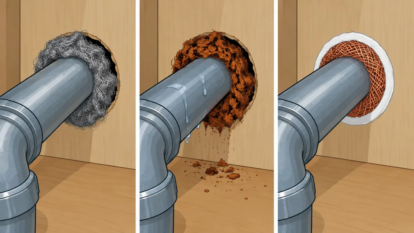 Three panels: a loose wad of steel wool with gaps at the edges of a hole, a rusted wad under a damp pipe, and a hole packed with copper mesh and sealed over with caulk