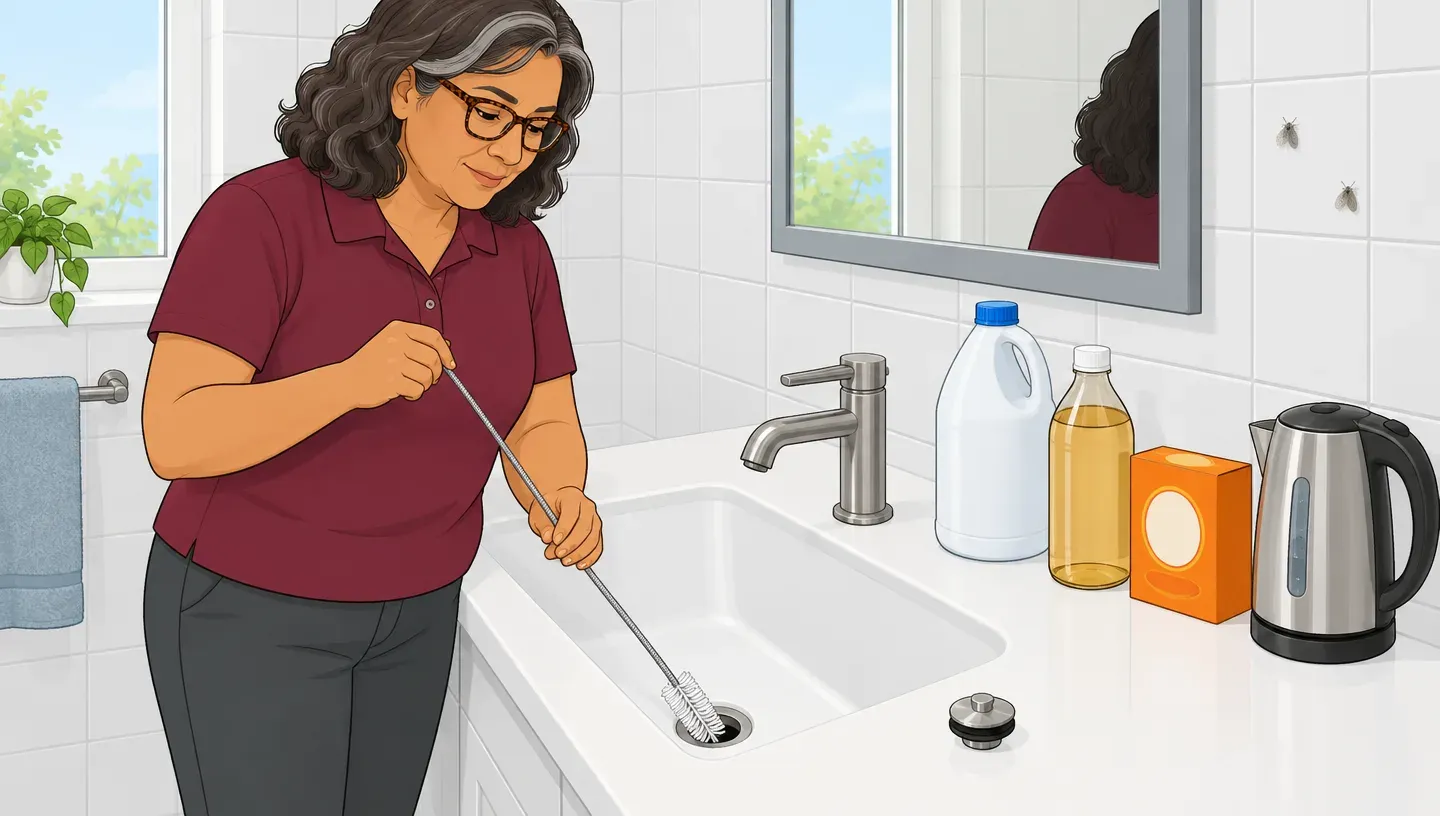 A woman picks up a long drain brush beside bleach, vinegar, baking soda and a kettle on a bathroom counter