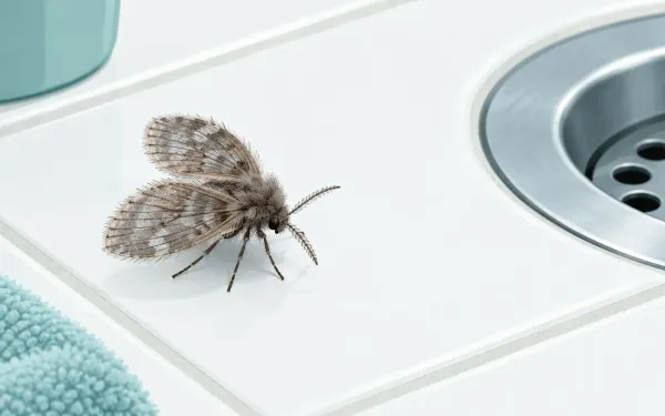 Illustration: macro close-up of a fuzzy drain fly with leaf-shaped, moth-like wings resting on white bathroom tile near a sink drain.