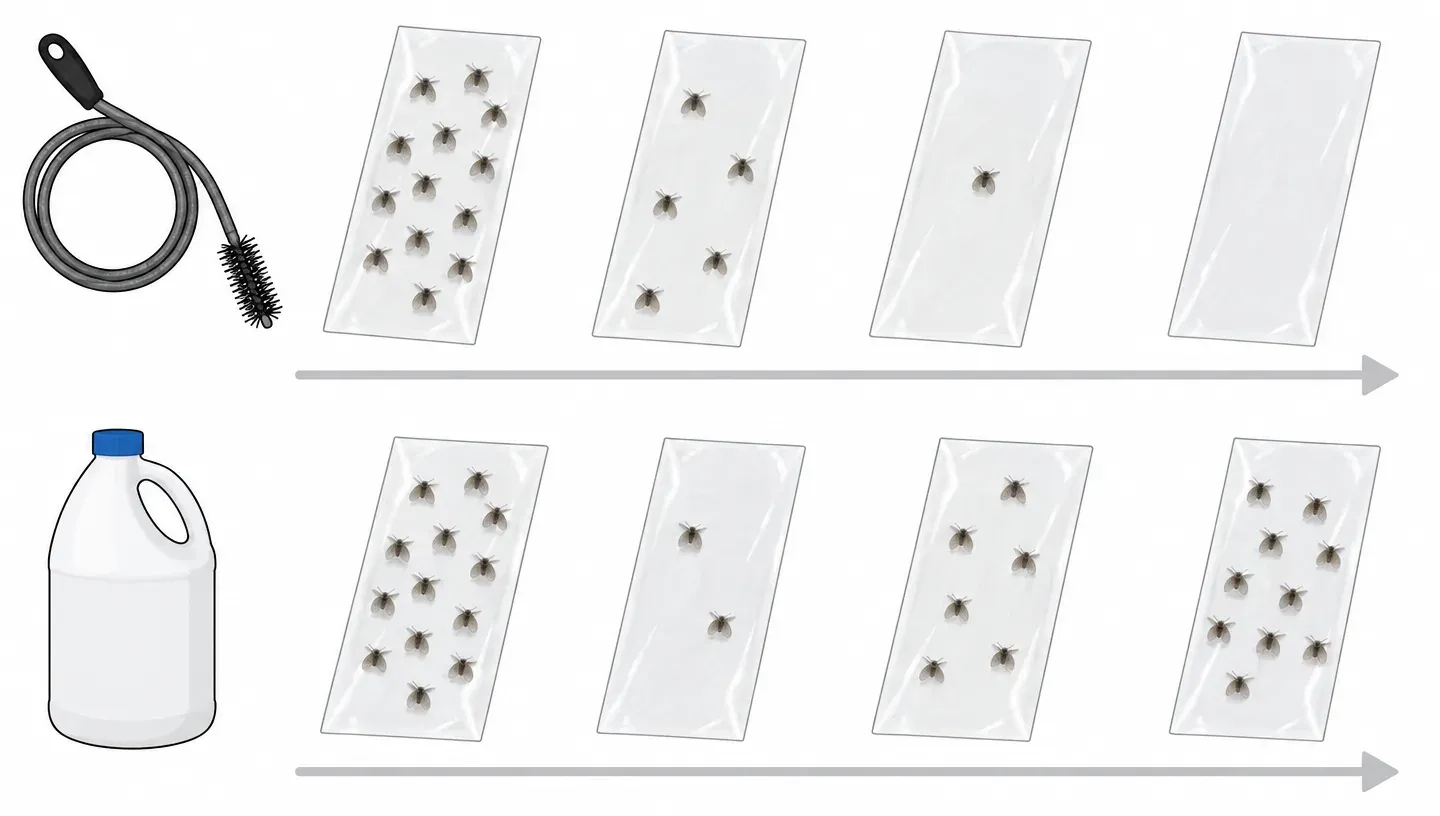 Two rows of tape strips from the same drain on successive mornings: in the top row the drain fly catches drop to none, in the bottom row they drop and then climb back