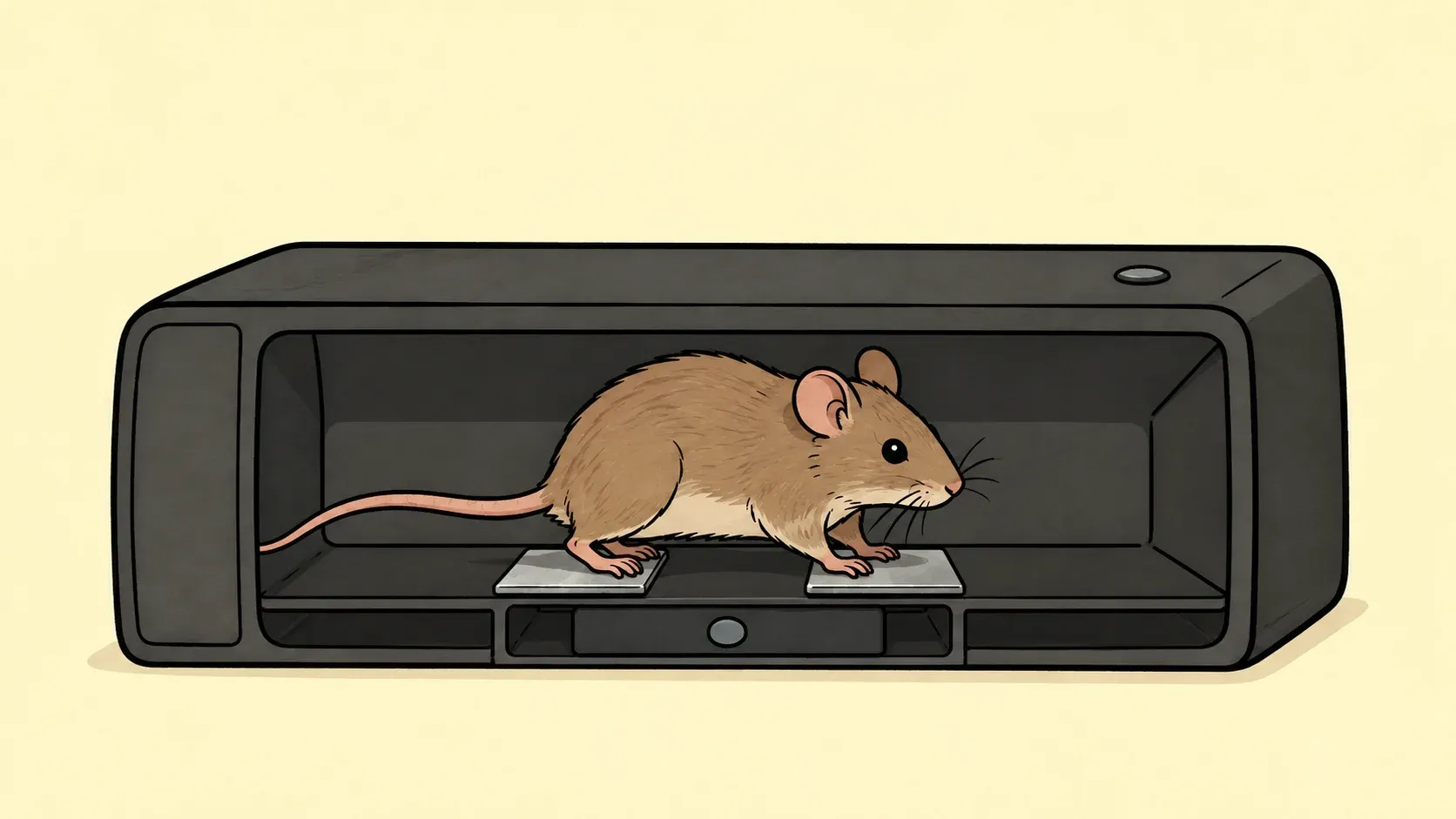 Conceptual cutaway showing a mouse contacting two plates inside an enclosed electronic trap