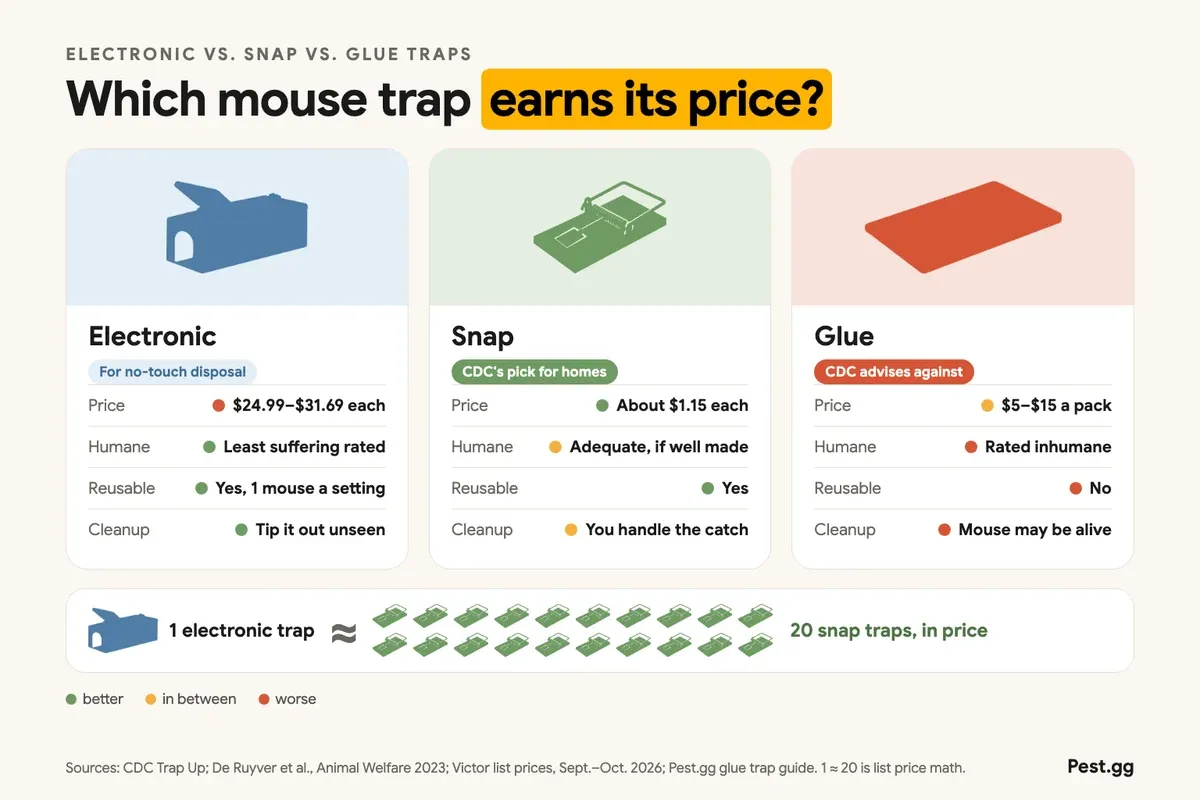 Infographic comparing mouse traps: electronic traps cost $24.99 to $31.69 each, rate as the least suffering, are reusable one mouse per setting and are tipped out unseen; snap traps cost about $1.15 each, rate as adequate, are reusable and you handle the catch; glue traps cost $5 to $15 a pack, rate as inhumane, are single use and the mouse may still be alive. One electronic trap costs about as much as 20 snap traps