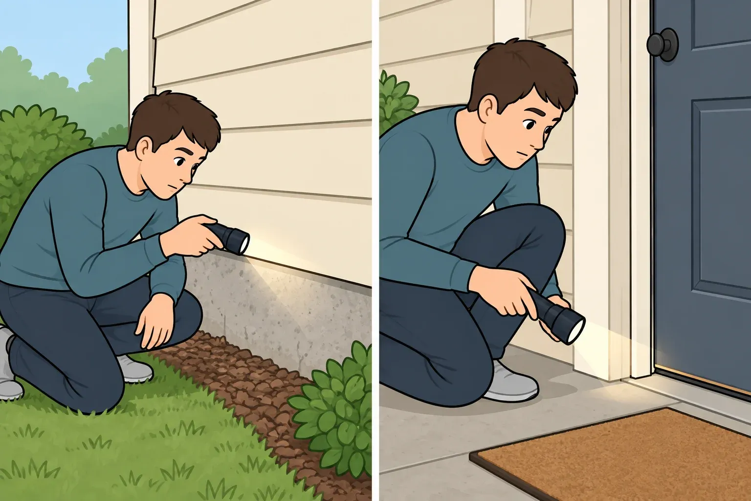 Two-panel illustration of a homeowner using a flashlight to inspect the foundation and an exterior door edge