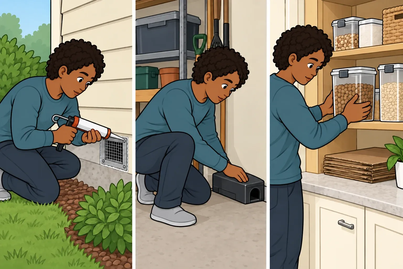 Three panels show a woman sealing an entry gap, placing an enclosed mouse-control device, and storing food in sealed containers
