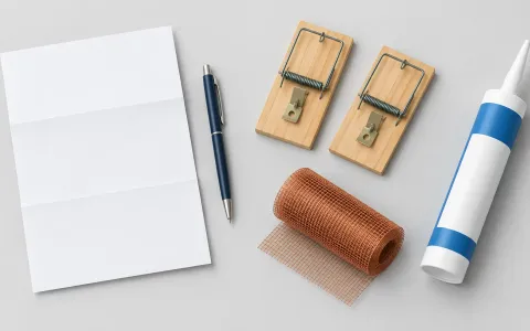 Illustration: top-down flat lay on a kitchen counter: a blank folded service invoice with a pen beside it on one side, and on the other side two wooden snap traps, a roll of copper mesh and a caulk tube.