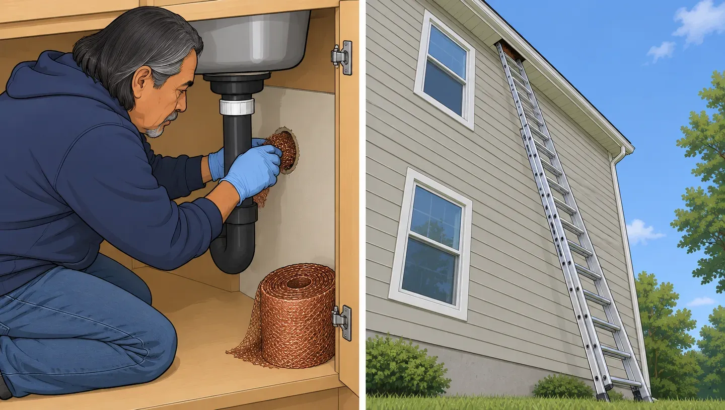 Two panels: a man in a navy hoodie packs copper mesh around a pipe under a kitchen sink; a gap under the roof eave high above a tall ladder