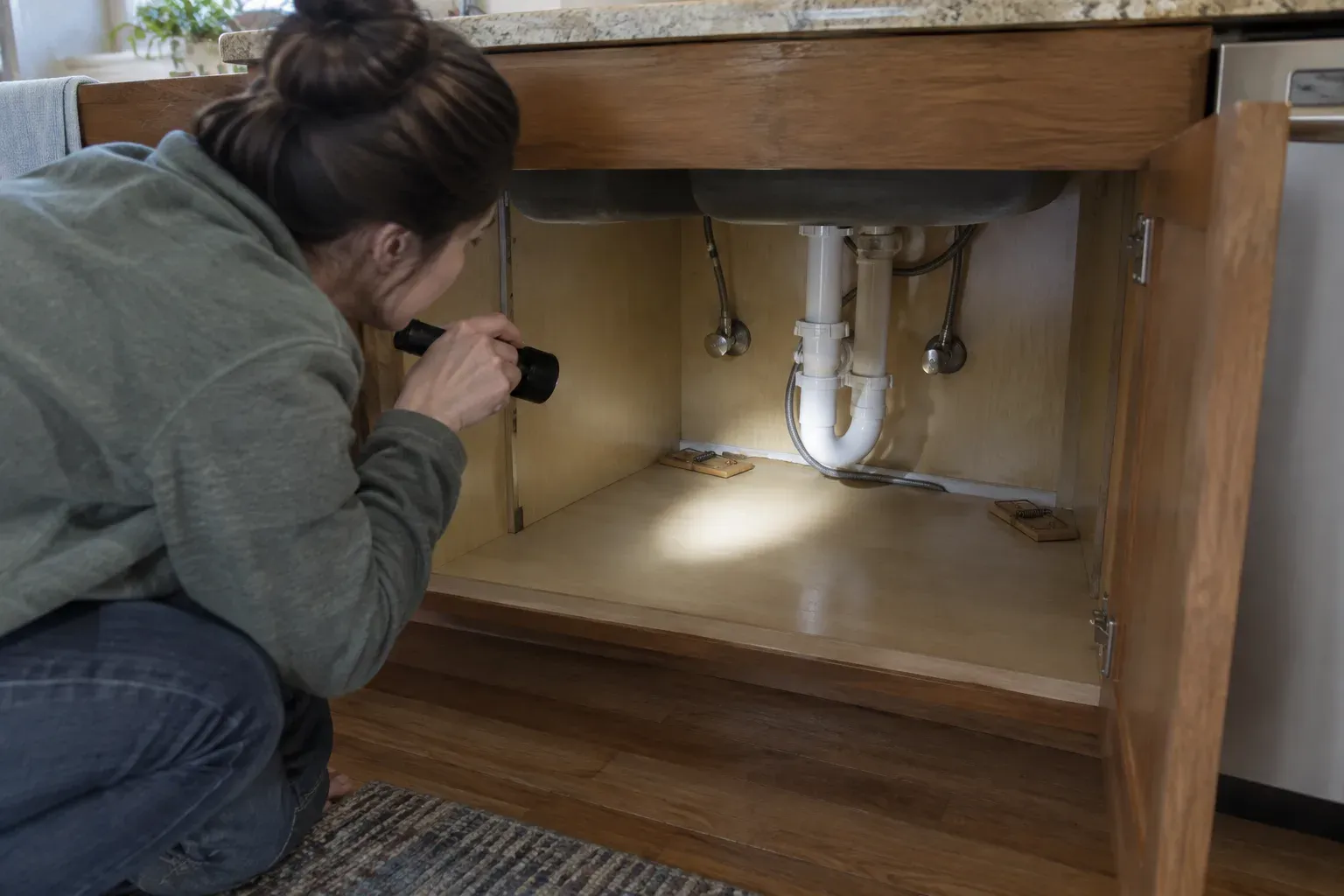 A person crouches with a flashlight to inspect the clean floor and pipe gap at the back of an open under-sink cabinet