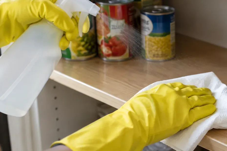 A hand in a yellow rubber glove wipes a pantry shelf with a paper towel after spraying it with disinfectant