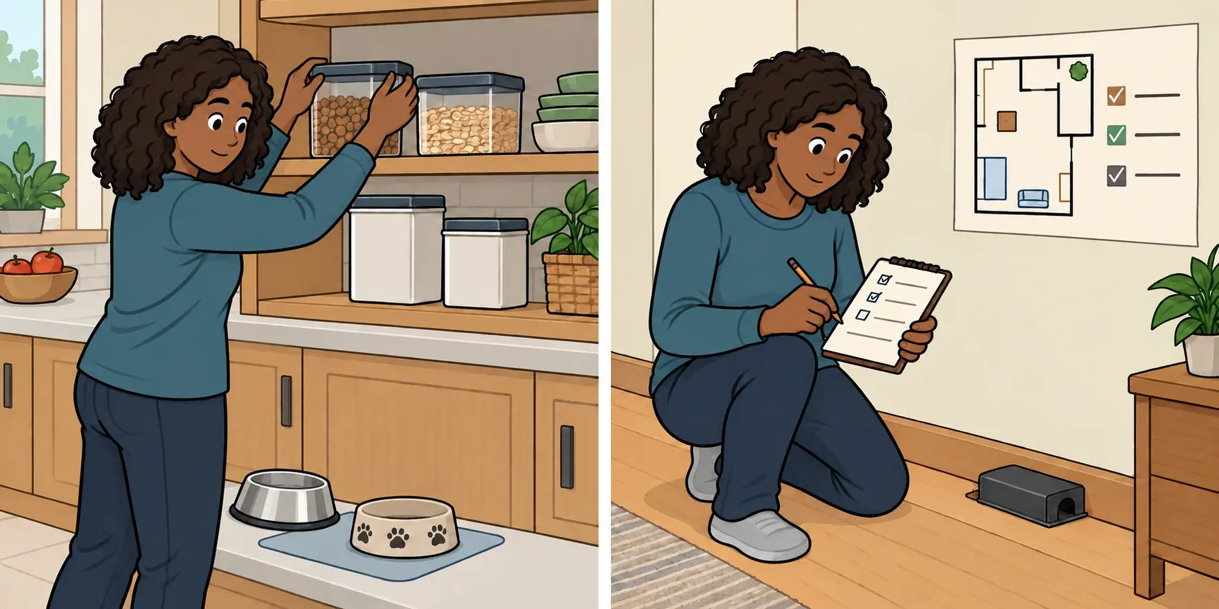 A woman organizes food in lidded containers and records rodent activity beside a snap trap