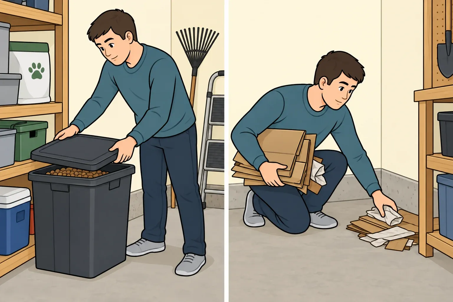 Two-panel illustration of a homeowner closing a lidded pet-food bin and clearing cardboard and loose paper from a garage