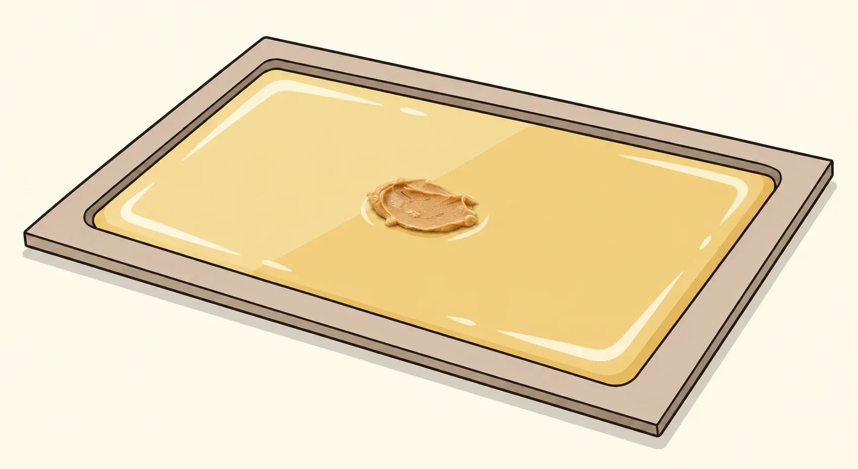 Illustration of a rectangular adhesive glue board with a small peanut-butter bait smear in its center