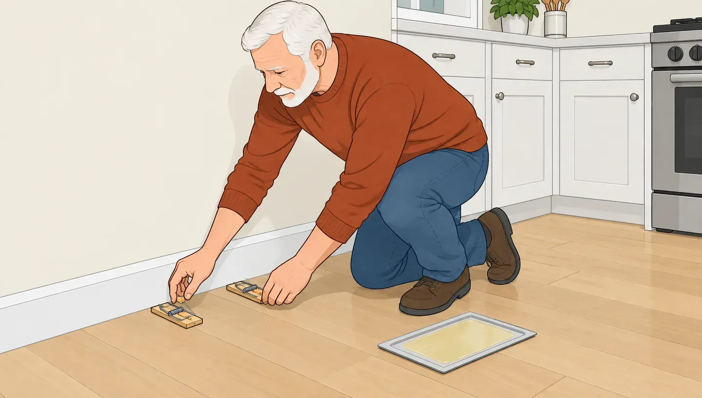 An older man in a rust-colored sweater sets two snap traps against a kitchen baseboard, an unused glue trap set aside beside him
