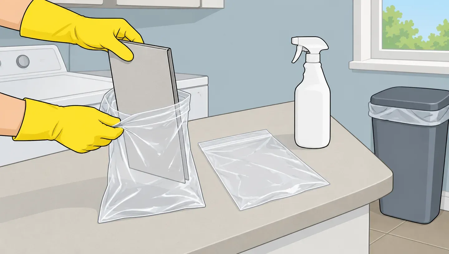 Gloved hands lower a folded glue board into a plastic bag, with a second bag and a spray bottle of disinfectant beside it