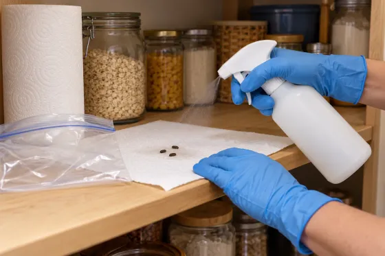 Gloved hands spraying disinfectant on mouse droppings on a pantry shelf before wiping them up with a paper towel