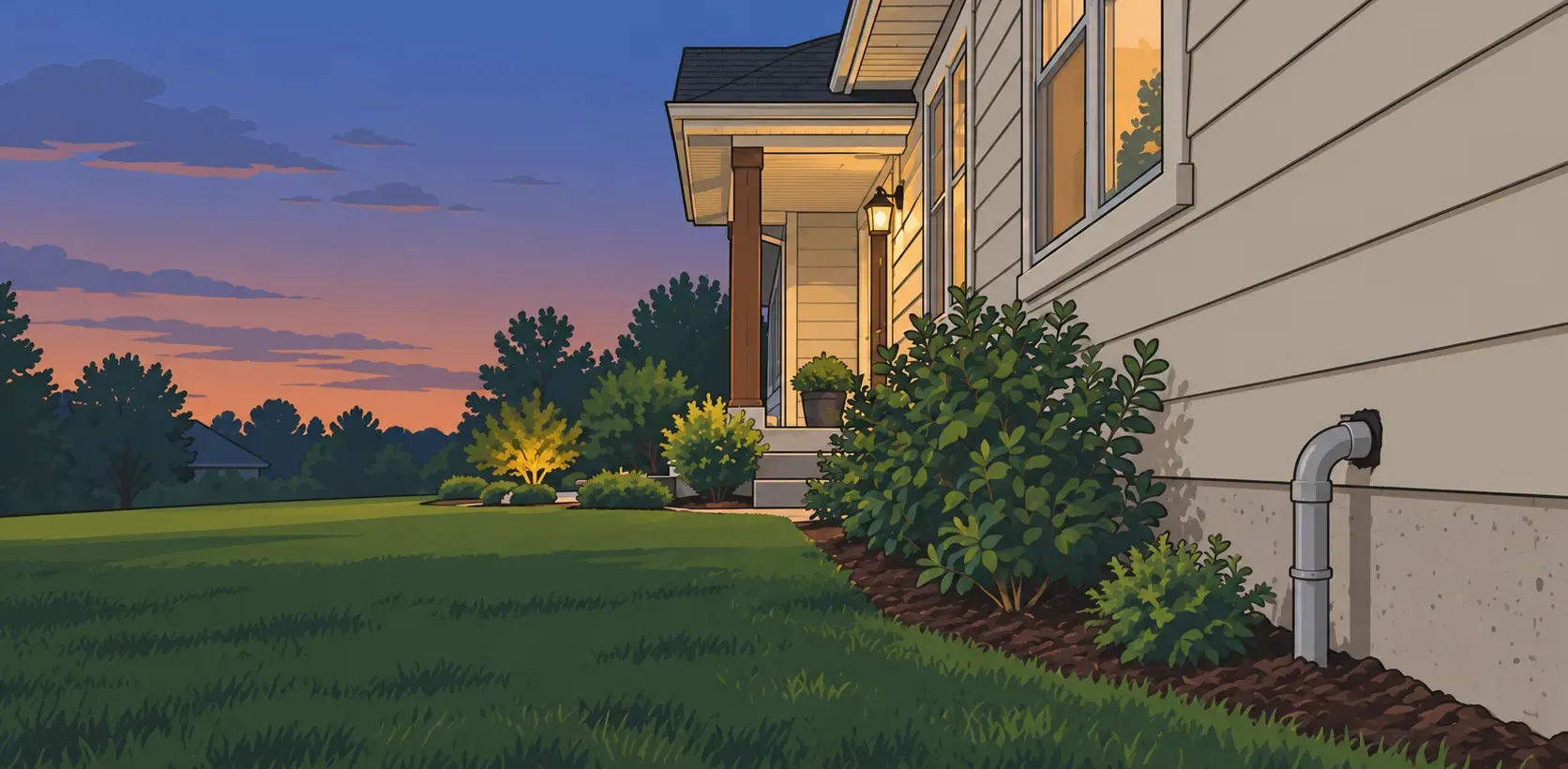 A house exterior at dusk with a porch light on and a pipe entering the siding