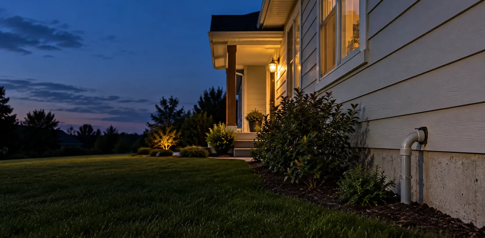 A house exterior at dusk with a porch light on and a pipe entering the siding