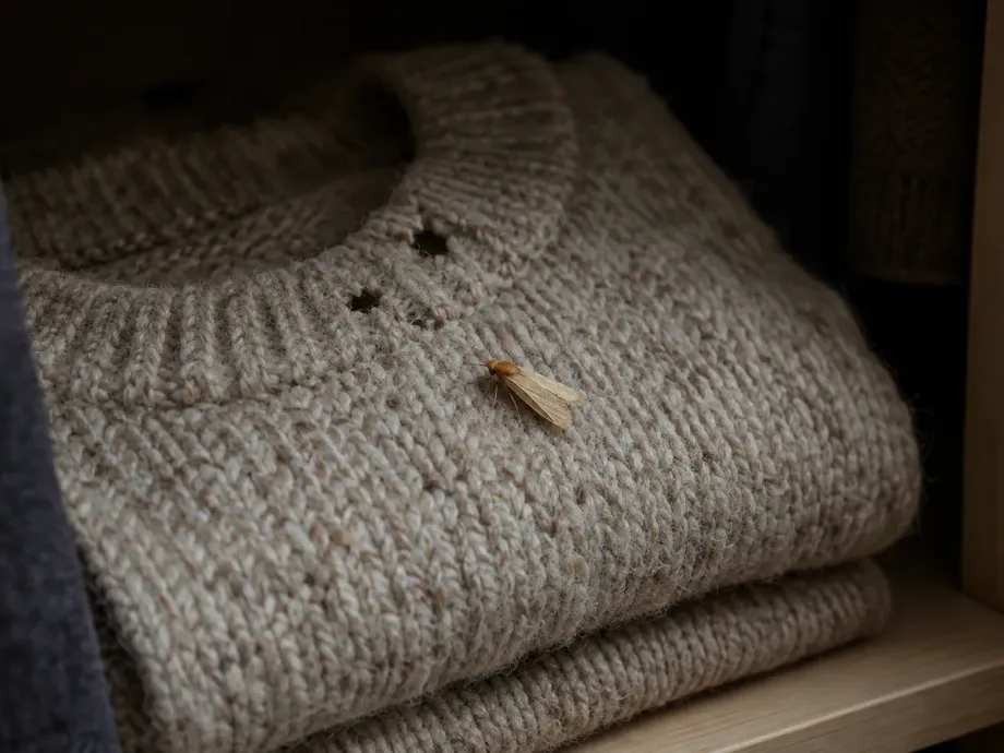A small gold clothes moth on a folded wool sweater with holes near the collar