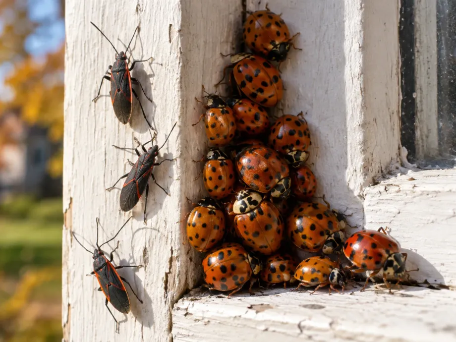 A cluster of orange Asian lady beetles and a few boxelder bugs in the sunny corner of a window frame in autumn