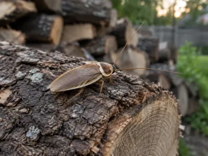 Wood cockroach on a log by a woodpile