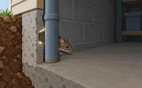 Illustration: cutaway of a house foundation corner showing a mouse squeezing through a small gap around a utility pipe into the basement, with a dime-sized hole marked by light.