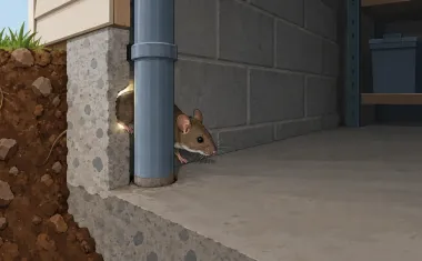 Illustration: cutaway of a house foundation corner showing a mouse squeezing through a small gap around a utility pipe into the basement, with a dime-sized hole marked by light.