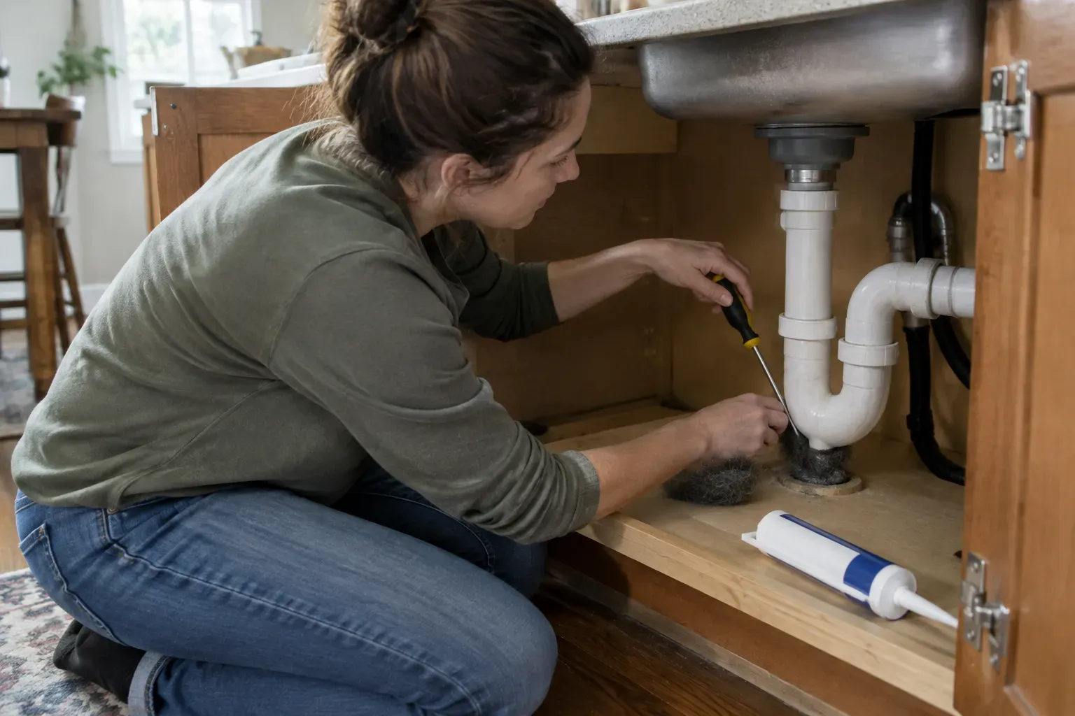 A person pushing steel wool into the gap around a pipe under a kitchen sink, with a tube of caulk ready beside them