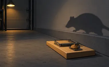 Illustration: wooden rat snap trap baited with a dab of peanut butter, set along a garage wall at night, a rat's shadow approaching along the wall.