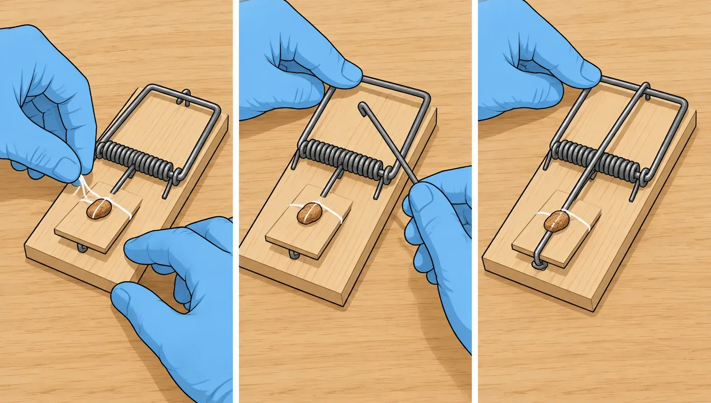 Three panels of gloved hands tying bait to a rat trap pedal, holding back the kill bar, and hooking the arm bar under the pedal