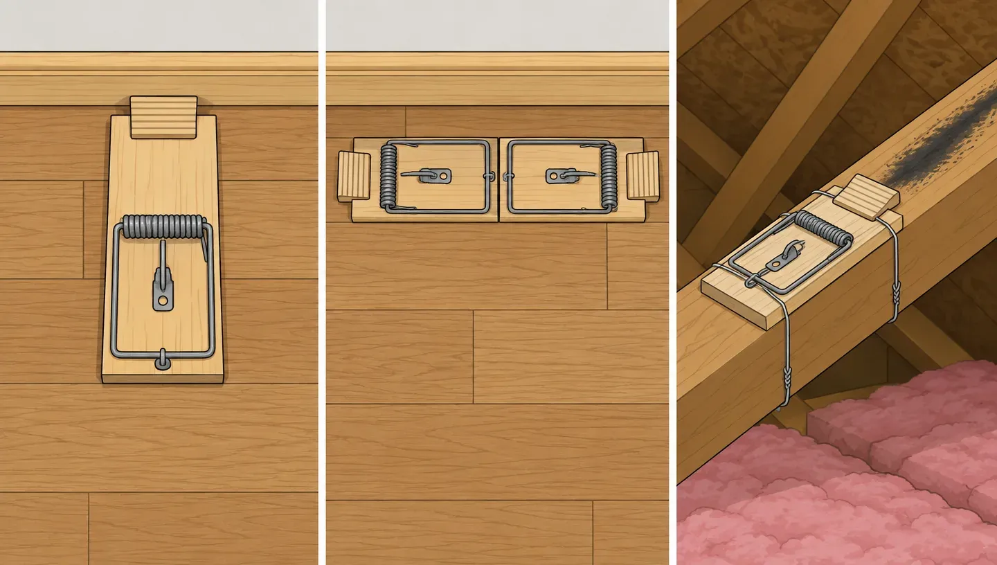 Rat snap traps along a wall: one at a right angle, a parallel pair facing out, and one wired to a rafter