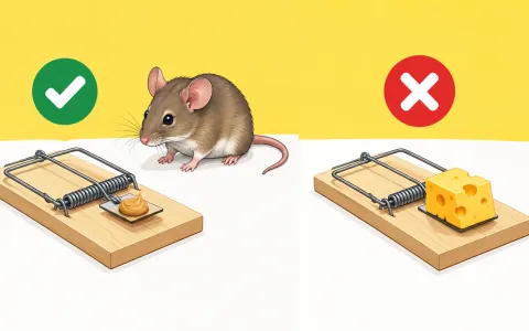 Illustration: split composition: left half a mouse snap trap with a tiny dab of peanut butter (green check), right half the same trap with a big chunk of cheese (red cross), a mouse looking at the left one.