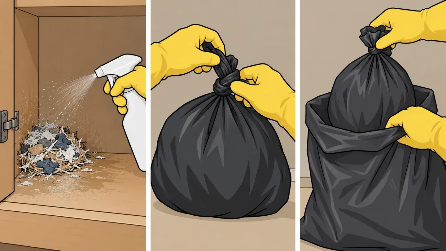 Three panels: gloved hands spraying a small nest of shredded paper in a cabinet corner, tying a knot in a plastic bag, and placing that bag inside a second bag