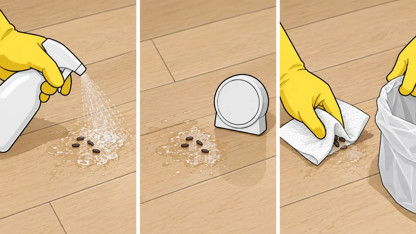 Three panels: a gloved hand spraying mouse droppings on a floor until wet, a kitchen timer beside the wet spot, and a gloved hand wiping them up with a paper towel over an open trash bag