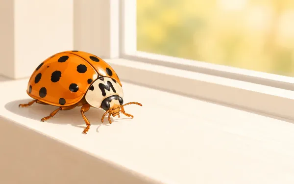 Illustration: macro close-up of an orange Asian lady beetle with black spots and a small dark M-shaped mark on the white area behind its head, resting on a sunlit window frame.