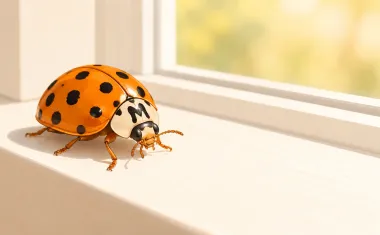 Illustration: macro close-up of an orange Asian lady beetle with black spots and a small dark M-shaped mark on the white area behind its head, resting on a sunlit window frame.