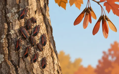 Illustration: cluster of black boxelder bugs with red stripes on the sunny bark of a tree trunk, a few winged seed pods of a boxelder tree hanging above.