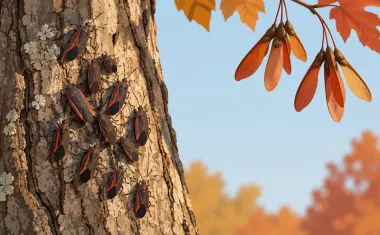 Illustration: cluster of black boxelder bugs with red stripes on the sunny bark of a tree trunk, a few winged seed pods of a boxelder tree hanging above.