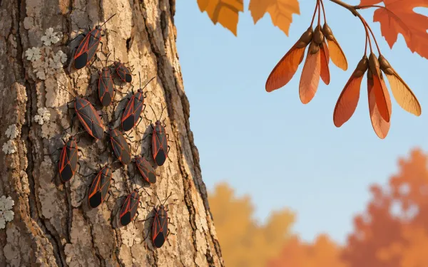 Illustration: cluster of black boxelder bugs with red stripes on the sunny bark of a tree trunk, a few winged seed pods of a boxelder tree hanging above.
