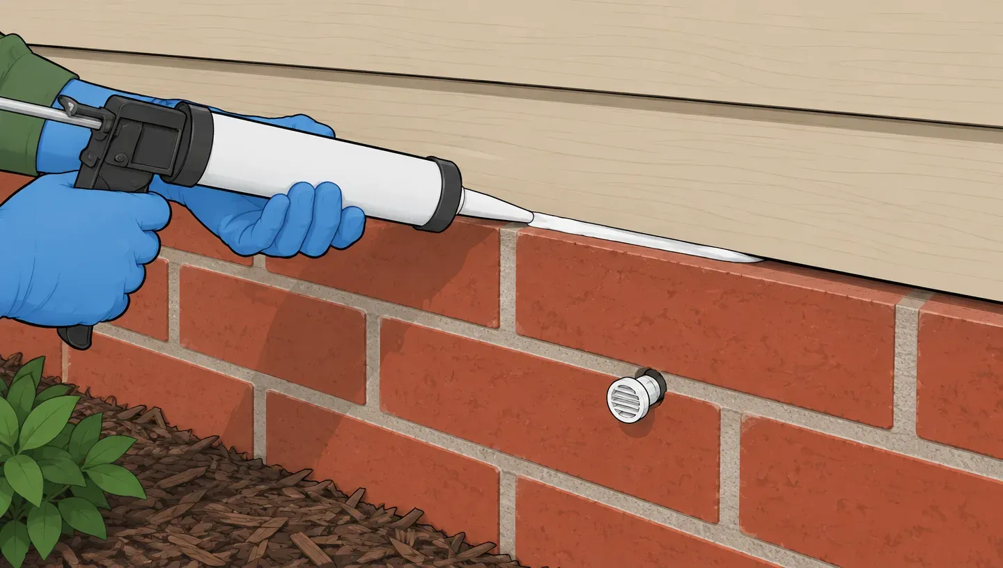 Gloved hands caulking a gap where wood siding meets a brick foundation, with a small ventilation plug already in a weep hole below