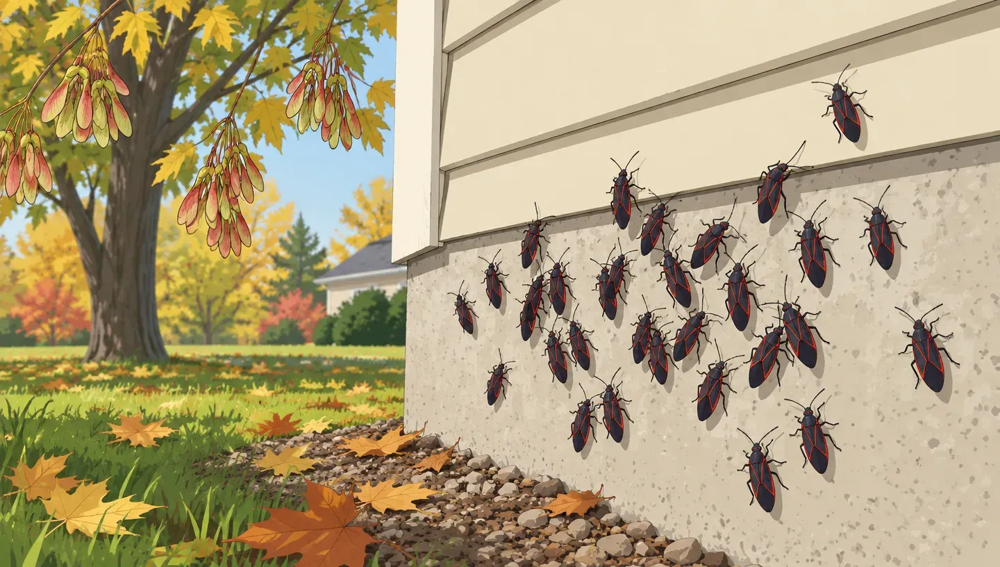 Black and red boxelder bugs clustered on the sunny south side of a house near the base of a wall, a boxelder tree with seed clusters in the yard behind