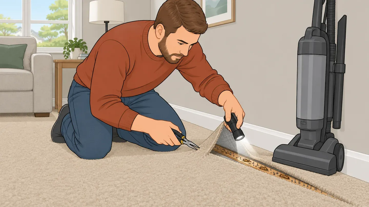 A man in a rust-colored sweater lifts the edge of a wall-to-wall carpet with needle-nose pliers to look for carpet beetle larvae