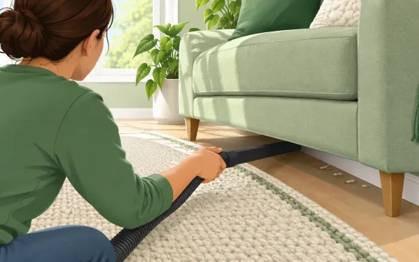 Illustration: over-the-shoulder view of a person vacuuming along the edge of a wool rug and under a sofa with a crevice tool, sunlight from a window, tiny larvae near the baseboard.