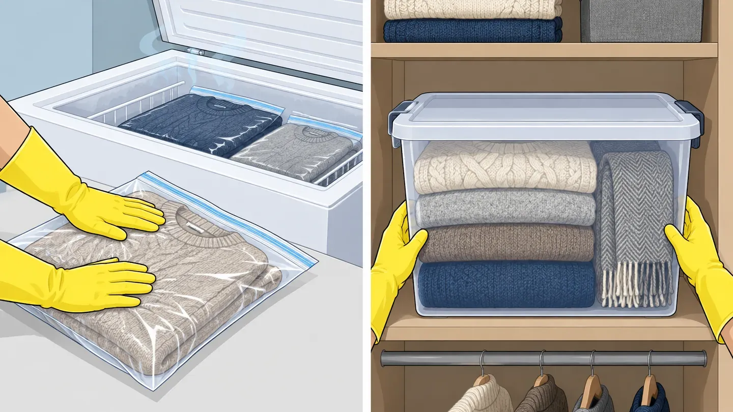 Two panels: gloved hands sealing a wool sweater in a plastic bag beside an open chest freezer, and cleaned woolens stacked in a clear latching storage tote