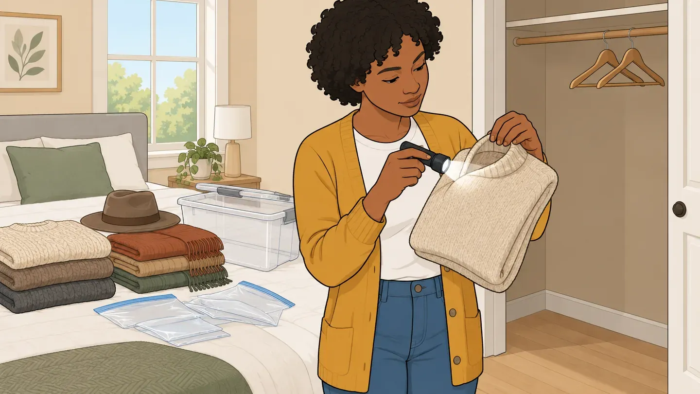 A young woman empties her closet onto the bed and checks a wool sweater collar with a flashlight