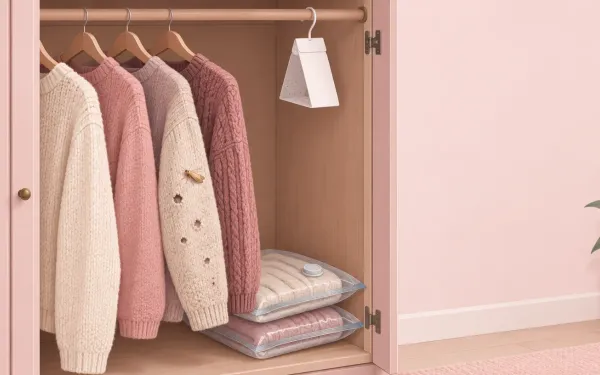 Illustration: open wardrobe with wool sweaters, one with small holes, a small golden clothes moth on a sleeve, a pheromone trap hanging on the rail and vacuum-seal storage bags on the floor.