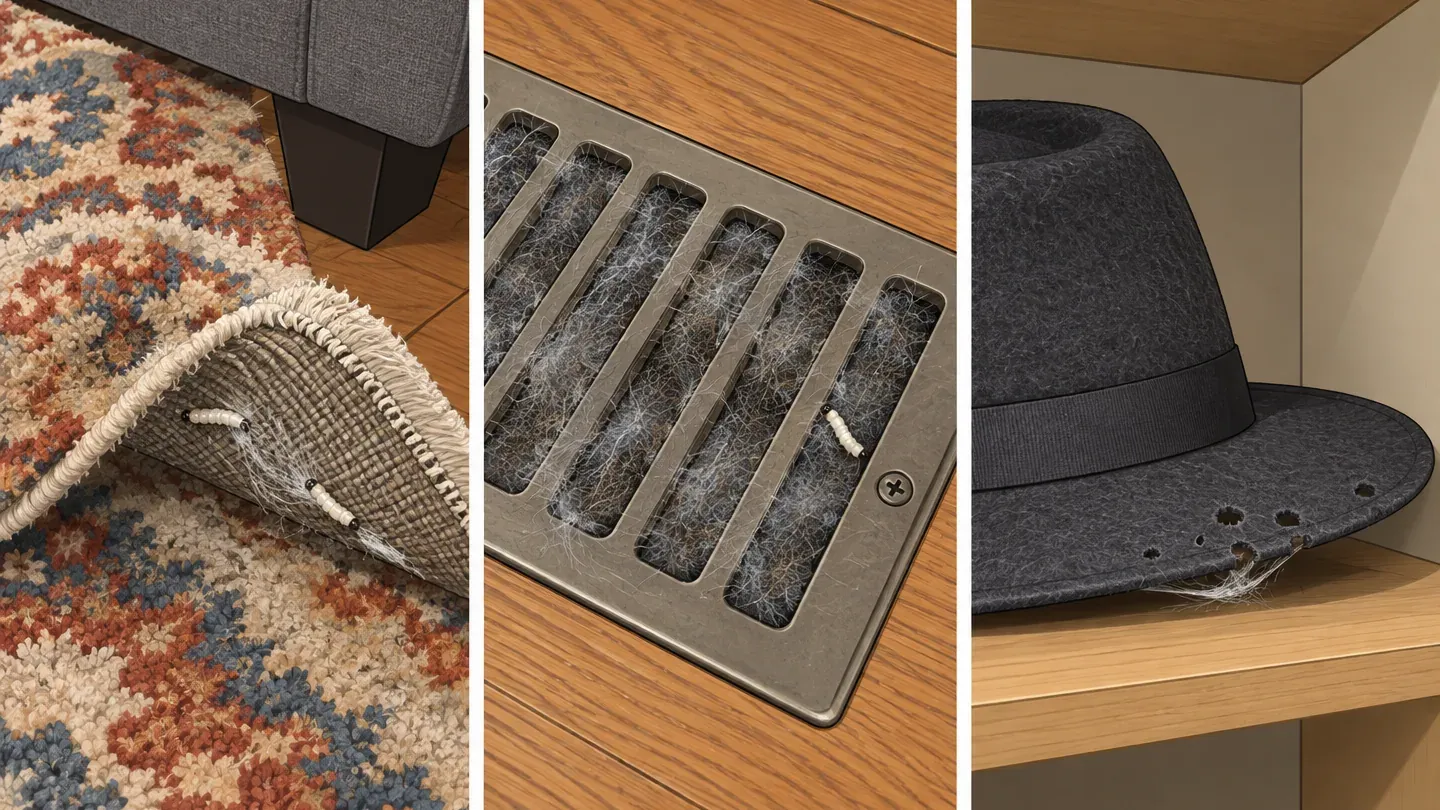 Three panels: silk webbing under a folded-back rug edge, a floor vent packed with lint and pet hair, and a moth-eaten felt hat on a closet shelf